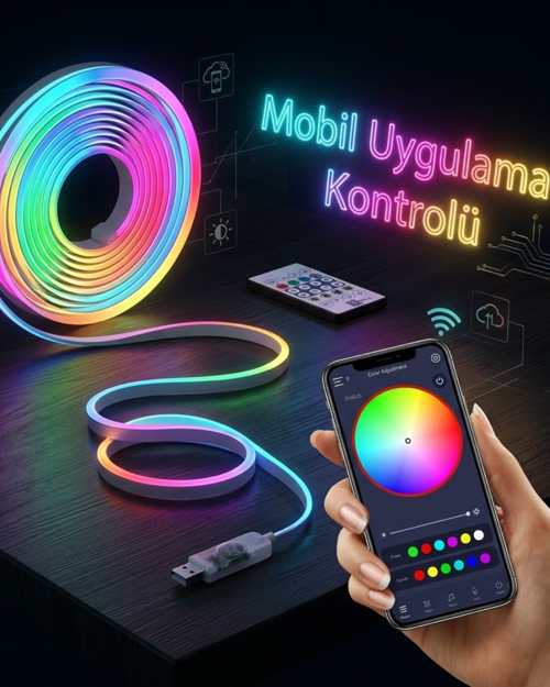 Akıllı RGB LED Neon Şerit Işık 3M USB Bağlantılı Uzaktan Kumanda ve Mobil Uygulama Kontrolü