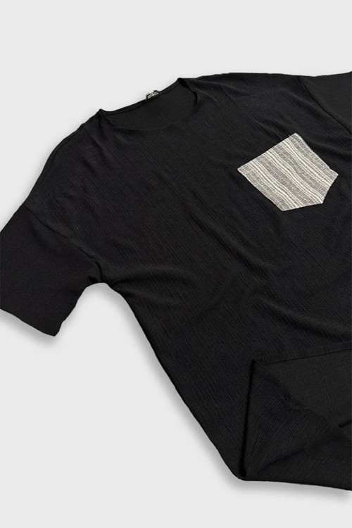 Siyah Fitilli Dokuma Kumaş Oversize T-shirt