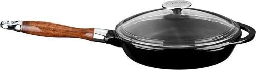 Döküm Yuvarlak Kızartma Tavası Cam Kapaklı Döküm Demir Sök - Tak Ahşap Sap Çap(Ø)28cm.