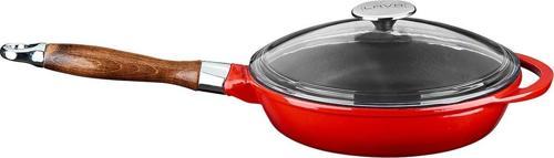 Döküm Yuvarlak Kızartma Tavası Cam Kapaklı Döküm Demir Sök - Tak Ahşap Sap Çap(Ø)28cm.