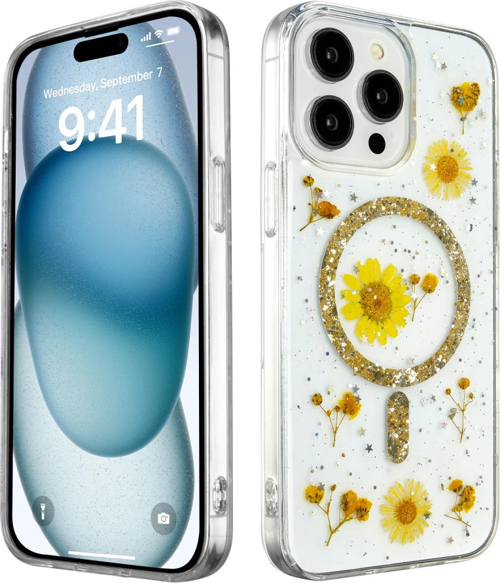 iPhone 15 Pro Kılıf Daisy Simli Magsafe Kapak - Gold