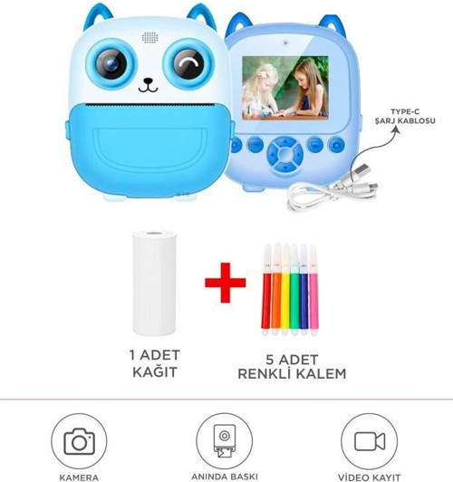 Büro Ev Ofis Hediyesi için Mavi Termal Baskı Yazıcılı Mini Dijital Kameralı Fotoğraf Makinesi