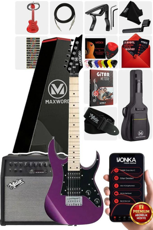 DE-150PU-50AMP Maple Klavye HH Yüksek Kaliteli 50W Amfili Elektro Gitar Seti