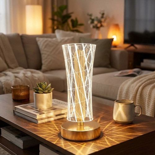 ieg™ Silindirik Kristal Çizgi Model LED Masa Lambası – Gold Tabanlı, Dokunmatik, 3 Renk Işı
