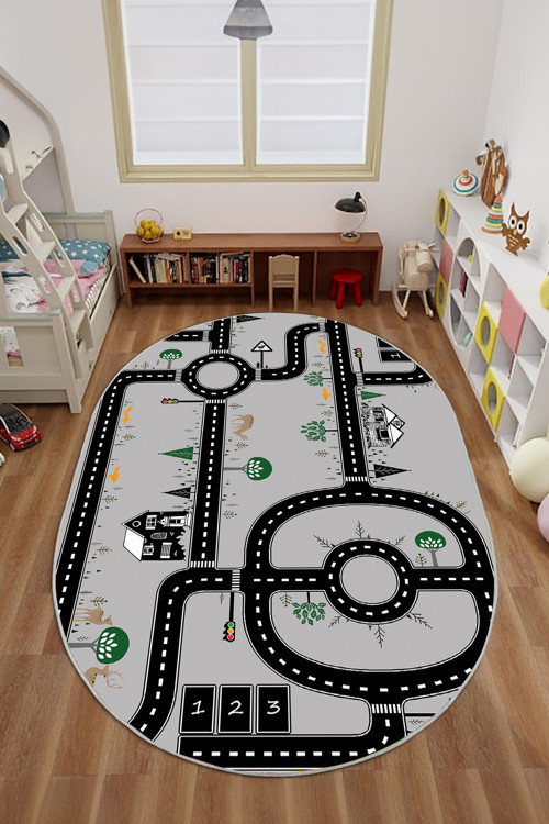 Dijital Baskılı Otomobil Yol Desenli Yıkanabilir Kaymaz Taban Oval Çocuk Odası Halısı