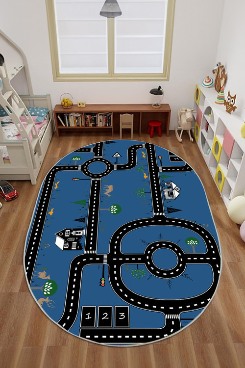 Dijital Baskılı Otomobil Yol Desenli Yıkanabilir Kaymaz Taban Oval Çocuk Odası Halısı