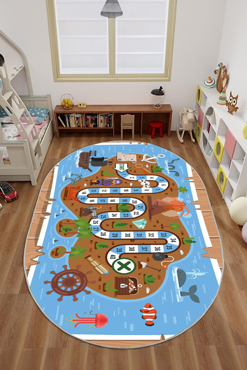 Dijital Baskılı Korsan Yol Desenli Yıkanabilir Kaymaz Taban Oval Çocuk Odası Halısı