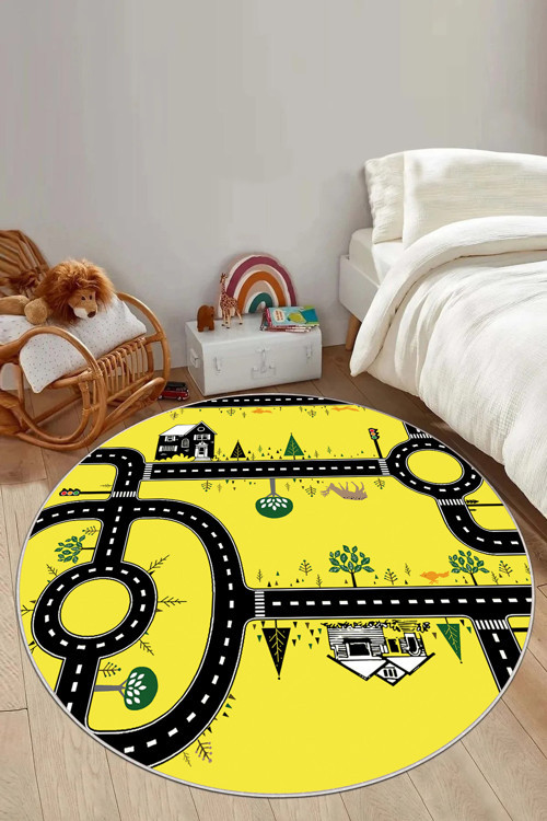 Baskılı Otomobil Yol Desenli Yıkanabilir Taban Yuvarlak Çocuk Odası Halısı