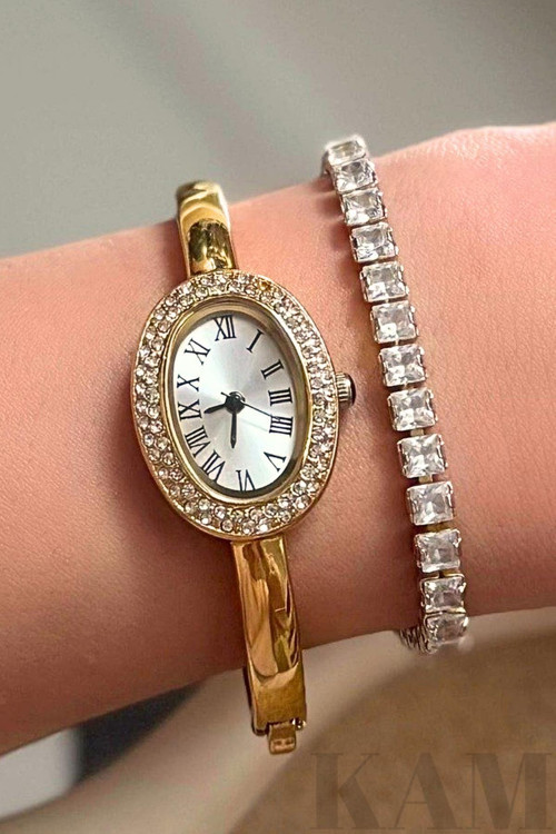 Kelepçe Bileklik Saat - Kelepçe Ebatı Sabit 18 Cm, Gold Bilezik Kol Saati