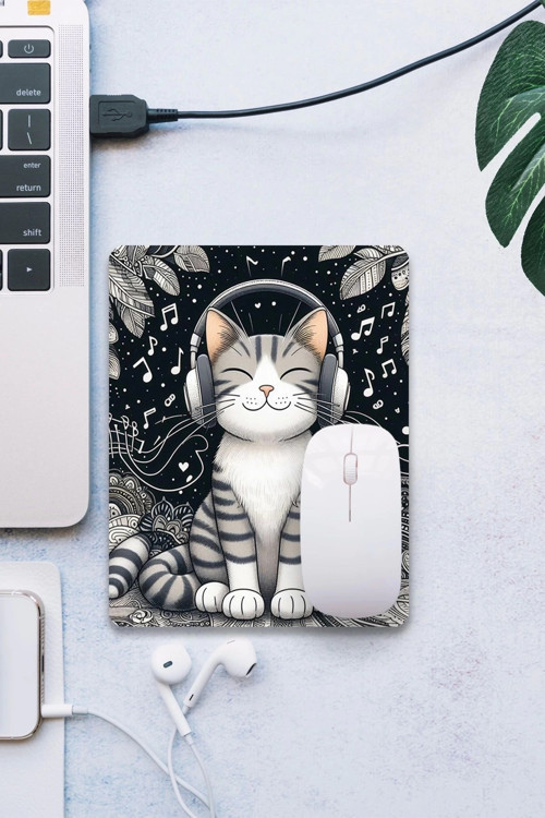 SonicTouch Müzik Sever Kedi Temalı Pürüzsüz Yüzey Kaymaz Taban Dikişsiz Kenar Gamer Oyuncu Mouse Pad