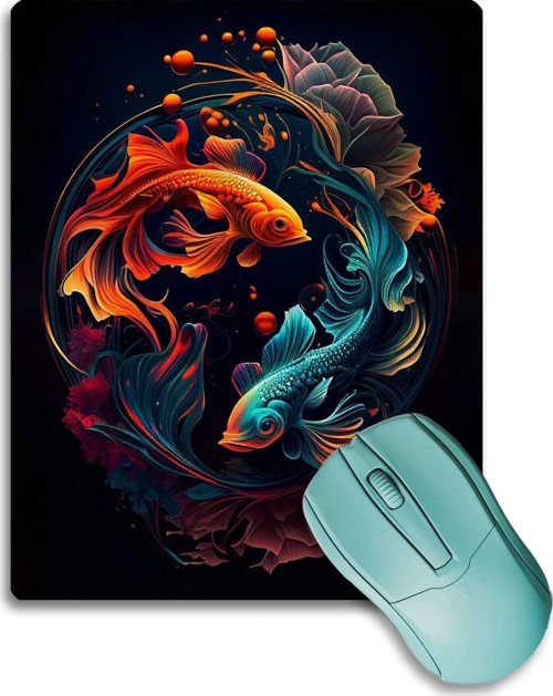 SonicTouch Ying Yang Temalı Mavi Turuncu Koi Balığı Kaydırmaz Gaming Oyuncu Dikişsiz Mouse Pad17x21c