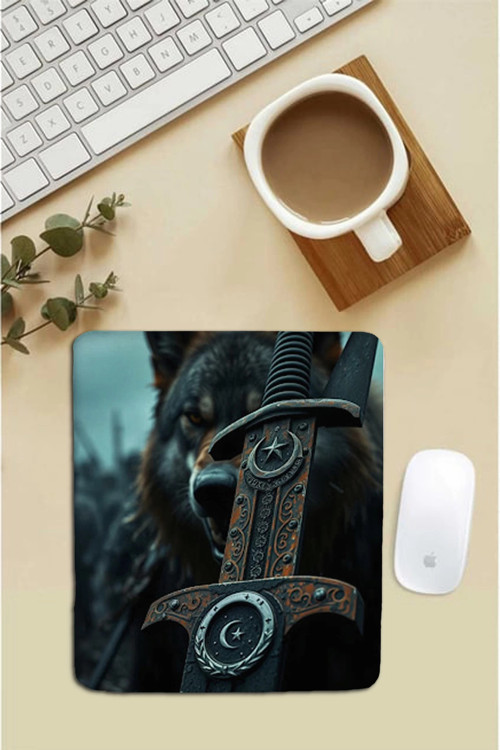 SonicTouch Bilek Destekli Kurt ve Kılıç Siyah Dikdörtgen Pürüzsüz Yüzey Dikişsiz Mouse Pad 18x22cm