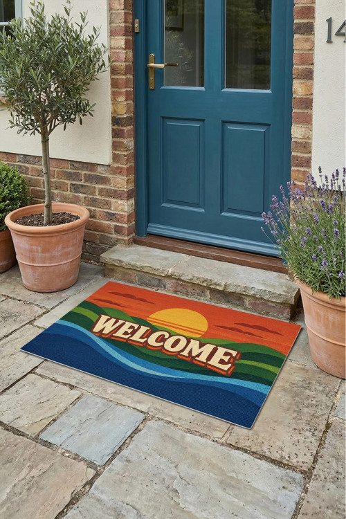 Retro Gün Batımı WELCOME Dijital Baskılı Ev Ofis işyeri Dış Kapı Önü Paspası 45x70cm