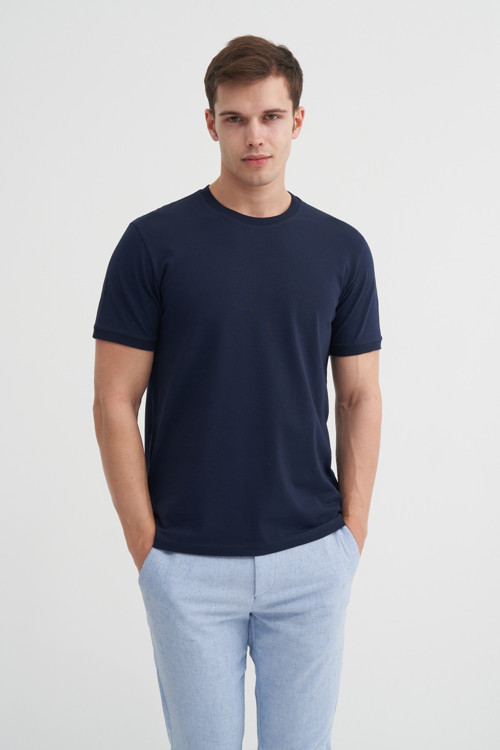 Erkek Lacivert Bisiklet Yaka T-shirt 46200