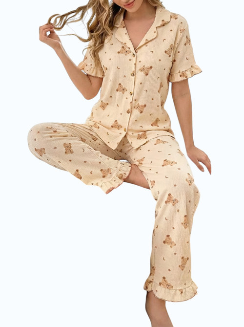 Düğmeli Bürümcük Kısa Kol Kadın Pijama Takımı