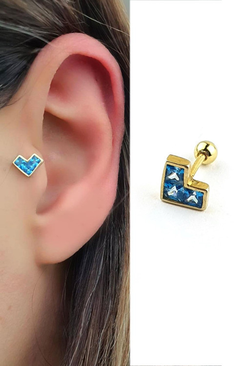 Aquamarin Taşlı Kalp figürlü 925ayar Gümüş Üzerine Altın Kaplama Luxury Tasarım Tragus Kıkırdak Piercing