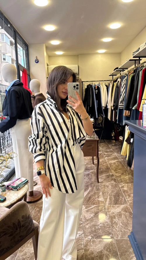 Oversize Çizgili Poplin Gömlek - Siyah Beyaz