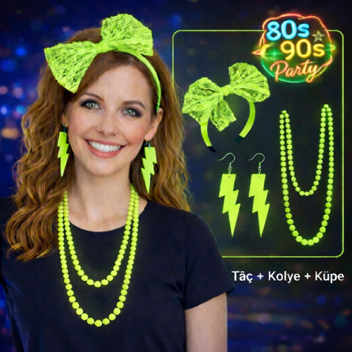 80’ler 90’lar Neon Yeşil Parti Seti – Kolye Küpe Taç