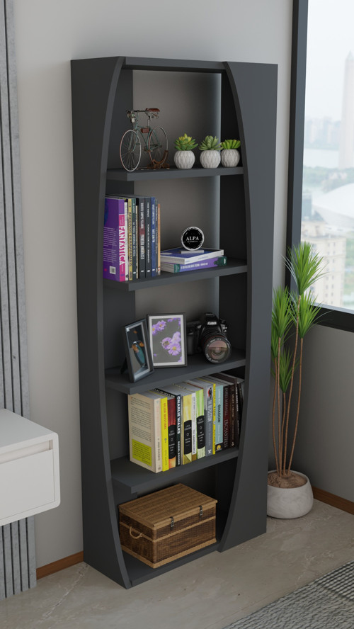 Kavisli İskandinav 150 cm 6 Raflı Kitaplık Salon Rafı | Ofis Dolabı Modern Raf Organizer