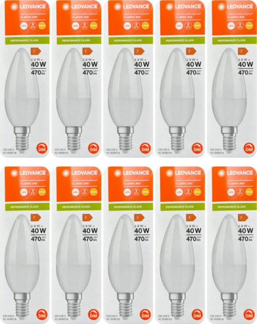 (10 Adet) Ledvance 4,9W (40W) 2700K (Sarı Işık) Dim Edilebilir E14 Duylu (İnce Duy) Led Mum Ampul