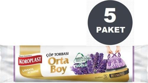 Ekstra Güçlü Lavanta Büzgülü Orta Boy Çöp Torbası 15'li  X 5 Paket (55x60 cm)