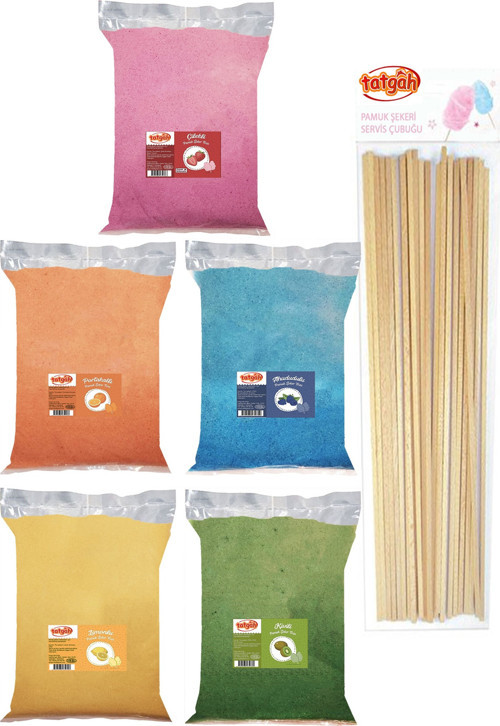 5 Renk Pamuk Şeker Tozu 2 Kg. 5 X 400gr. 50 Adet Çubuk Hediyeli