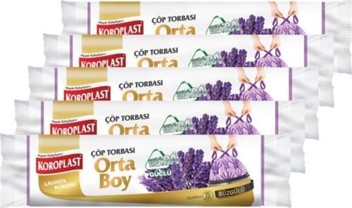 Koroplast Ekstra Güçlü Orta Boy Lavanta Kokulu Büzgülü Çöp Torbası 55x60cm - 15'li X 5 ad.