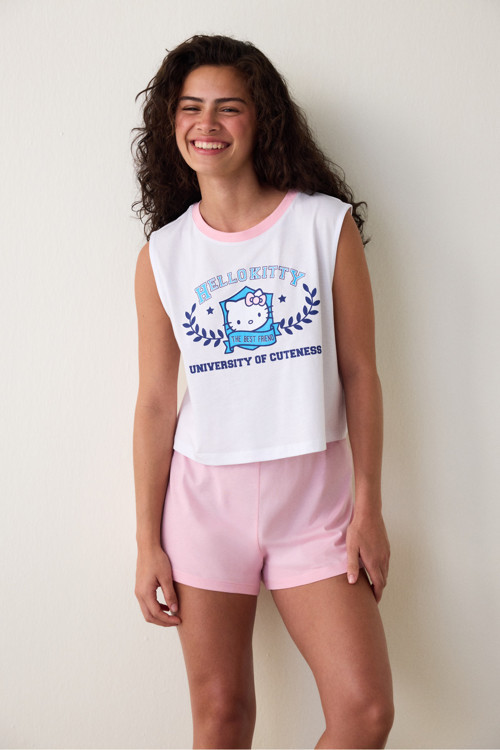 Optik Beyaz Sanrio Best Friends Baskılı Pamuklu Askılı Şortlu Pijama Takımı
