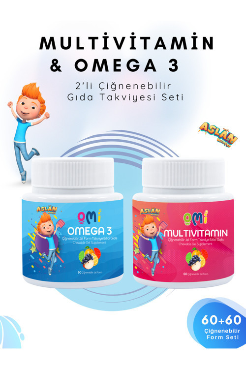 - Multivitamin Ve Omega 3 Çiğnenebilir Jel Form 60 Gummies Yumuşak Şeker - Aslan Trt Çocuk