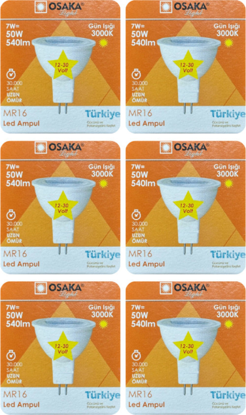 (6 Adet) Osaka 12Volt 7W (50W) Sarı (3000K) GU5.3 Duylu (İğne Bacak) Led Spot Ampul