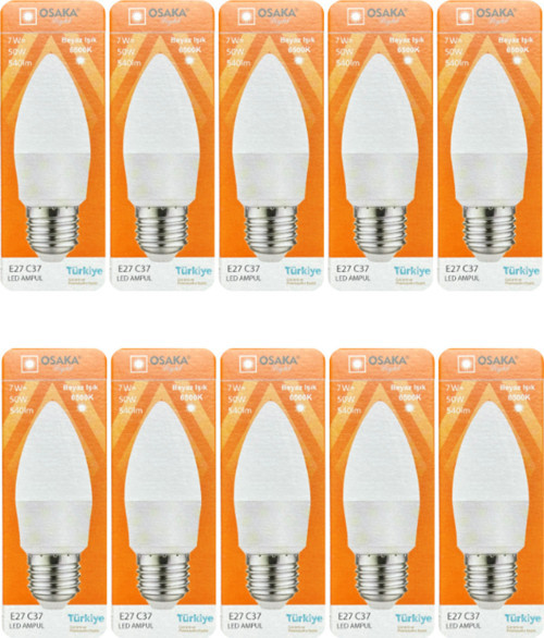 (10 Adet) 7W (50W) 6500K (Beyaz Işık) E27 Duylu (Kalın Duy) Mum Led Ampul