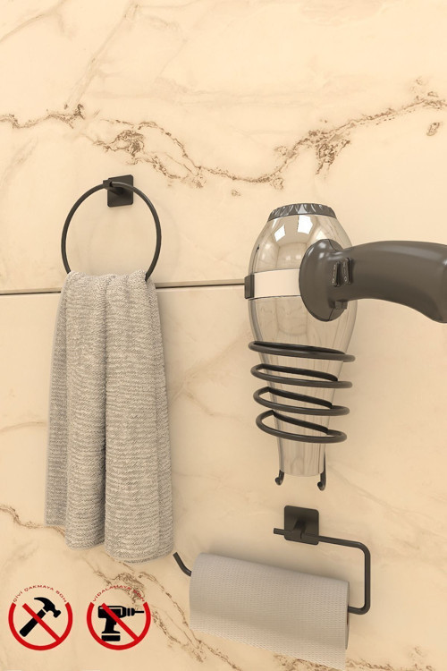 Yapışkanlı Kare 3’lü Banyo Aksesuar Seti – Halka Havluluk, Fön Askısı Ve Solo Havlu Askısı