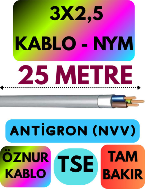 Öznur 3X2,5 ANTİGRON (NYM) Kablo (Gri) Metre Seçenekli 25 METRE