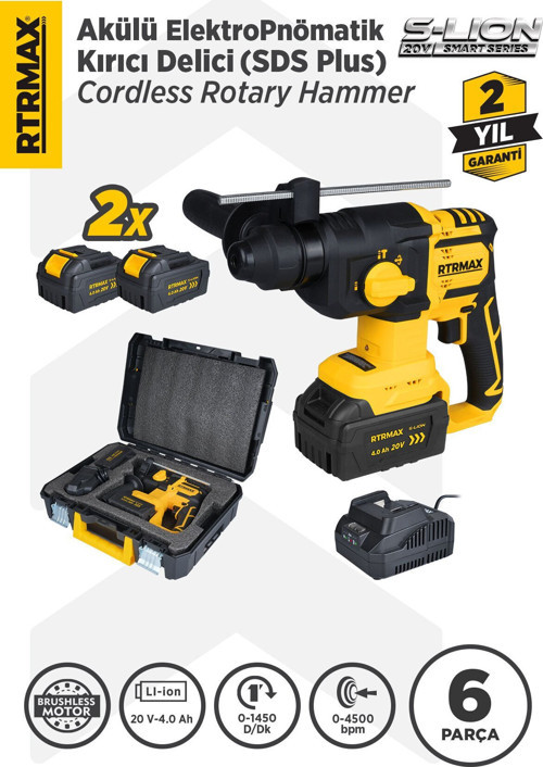 Rts5040 Şarjlı Sds Plus Kırıcı Ve Delici Kömürsüz 1.8jul 26mm 2x4 Ah 20v Çift Akü S-lion - Akü Dahil