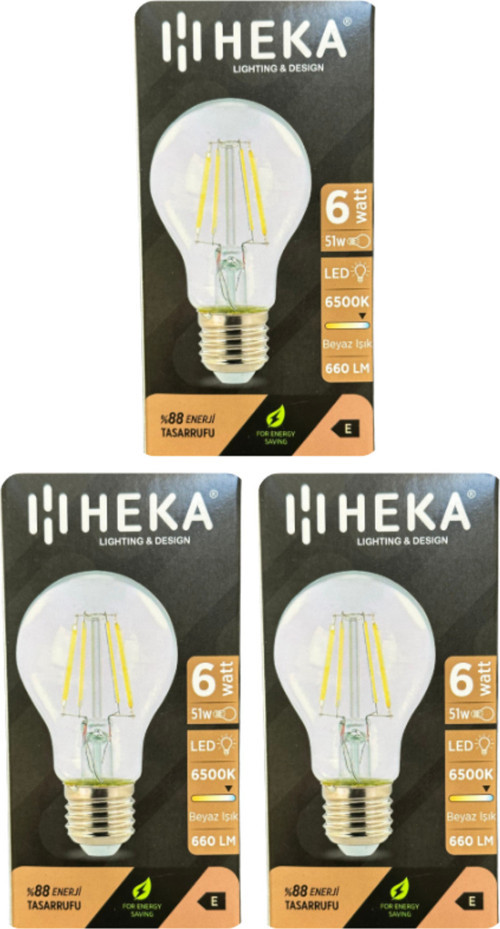 (3 Adet) 6W (51W) 6500K (Beyaz Işık) E27 Duylu (Kalın Duy) Led Şeffaf Ampul