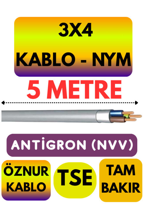 Öznur 3X4 ANTİGRON (NYM) Kablo (Gri) Metre Seçenekli 5 METRE