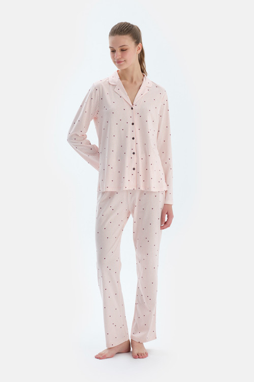Ekru Kalp Ve Çizgi Baskılı Penye Modal Gömlek Pantolon Pijama Takımı