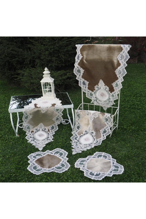 Öykü Aplikeli Güpürlü Kadife Kahve Salon Takımı 5 Parça 660