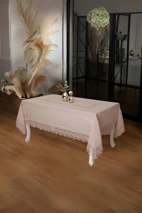Beril Lüx Dantelli Keten Kumaş Bej Masa Örtüsü 160x230 Cm 1121