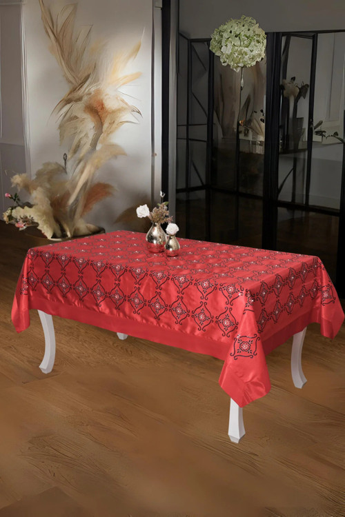 İncili İpek Saten Kumaş Kırmızı Masa Örtüsü 150X200 Cm 838