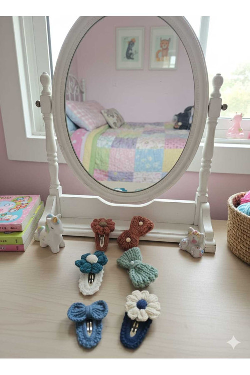 Kız Çocuk Bebek Örgü Tasarım Kurdele Çiçek Figürlü Hediye Toka Seti