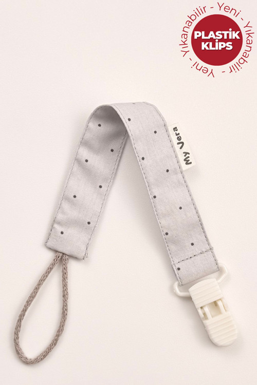 Gri Puantiyeli Emzik Askısı - Kumaş Pamuk Bağcıklı Emzik Zinciri - Emzik Tutacağı