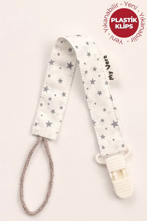 Gri Yıldızlı - Plastik Klipsli Pamuklu Emzik Askısı - Emzik Zinciri - Emzik Tutacağı