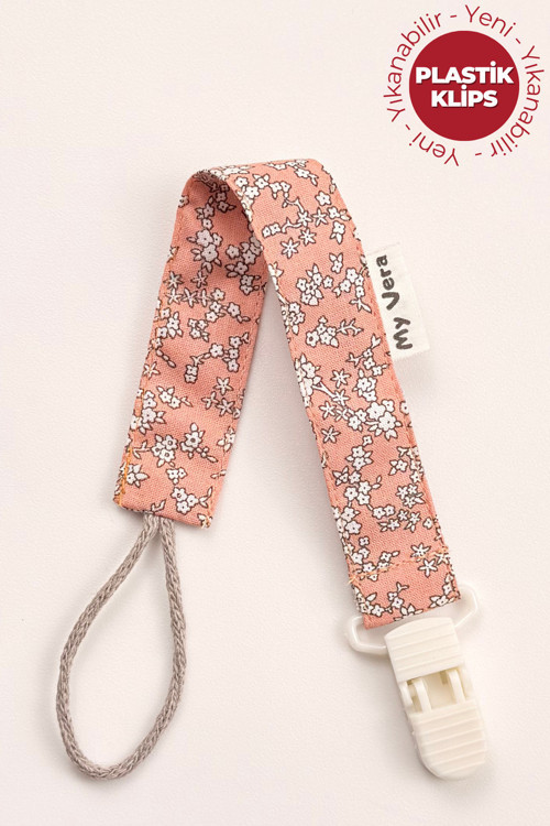 Yavruağzı Çiçek Emzik Askısı - Kumaş Pamuk Bağcıklı Emzik Zinciri - Turuncu Çiçekli Emzik Tutacağı