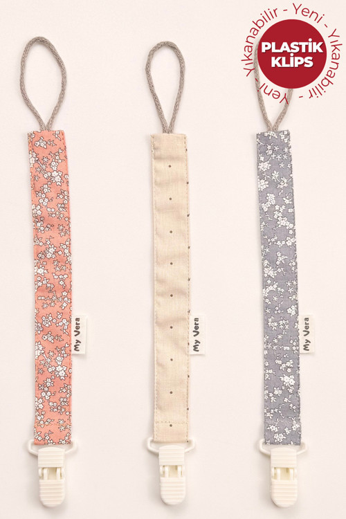 Yavruağzı Vizon Puantiye Gri Çiçek Emzik Askısı Seti - 3'Lü Emzik Zinciri Seti - %100 Pamuk Kumaş