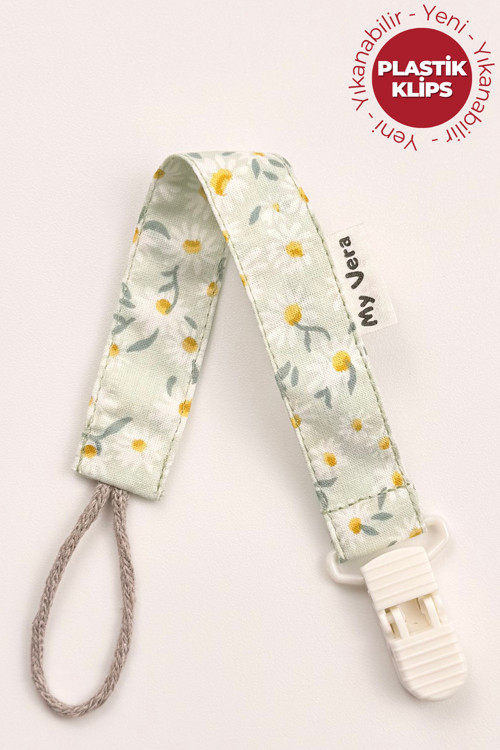 Yeşil Papatya Emzik Askısı - Kumaş Pamuk Bağcıklı Emzik Zinciri - Emzik Tutacağı