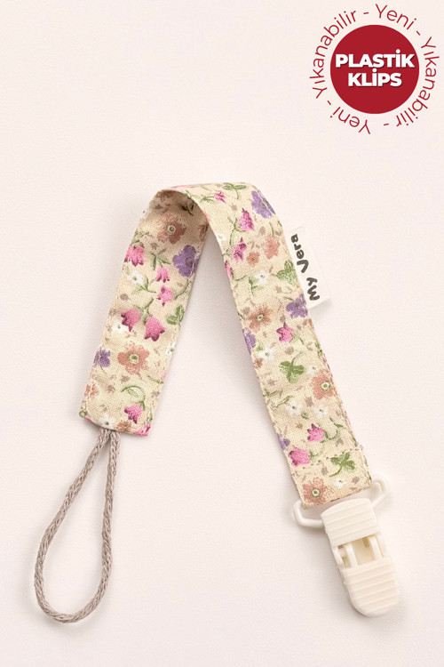 Bahar Çiçek Desenli Vizon - Plastik Klipsli Pamuklu Emzik Askısı - Emzik Zinciri - Emzik Tutacağı