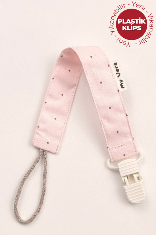 Pudra Puantiyeli Emzik Askısı - Kumaş Pamuk Bağcıklı Emzik Zinciri - Pembe Emzik Tutacağı