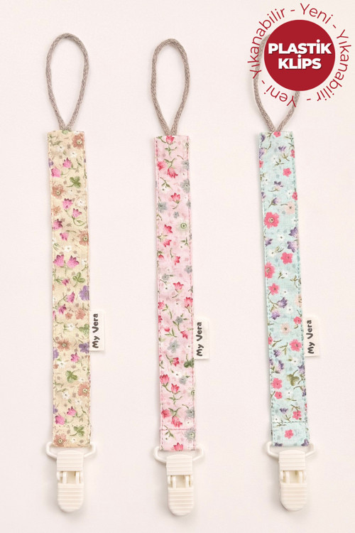 Bahar Çiçek Desenli Vizon - Pudra - Su Yeşili Emzik Askısı Seti - 3'Lü Emzik Zinciri Seti