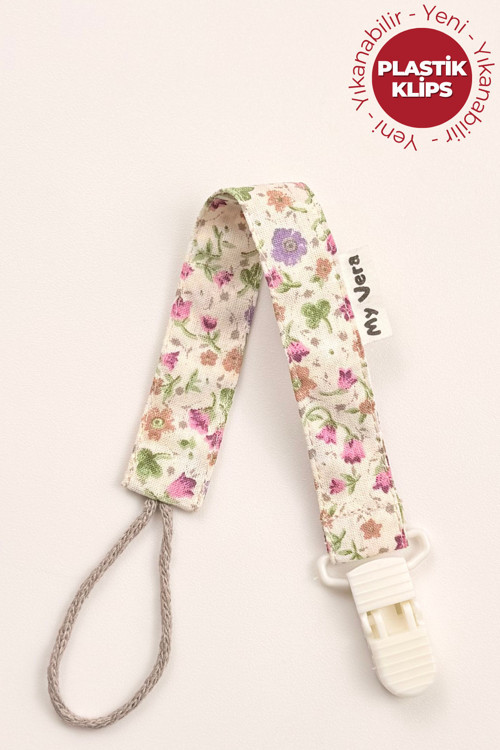Bahar Çiçek Ekru - Plastik Klipsli Pamuklu Emzik Askısı - Emzik Zinciri - Emzik Tutacağı